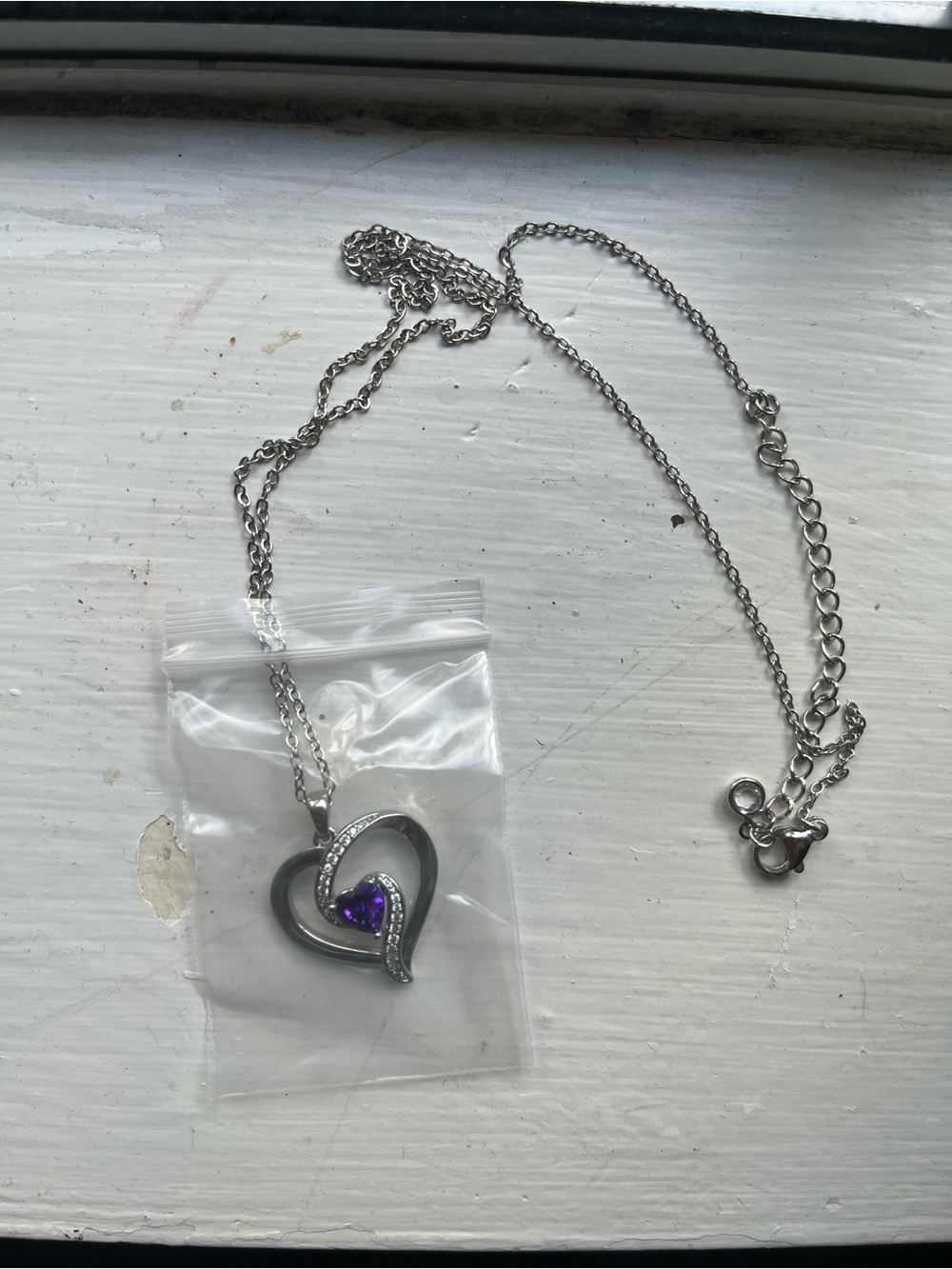 Silver Heart Necklace with Purple Gemstone Accent